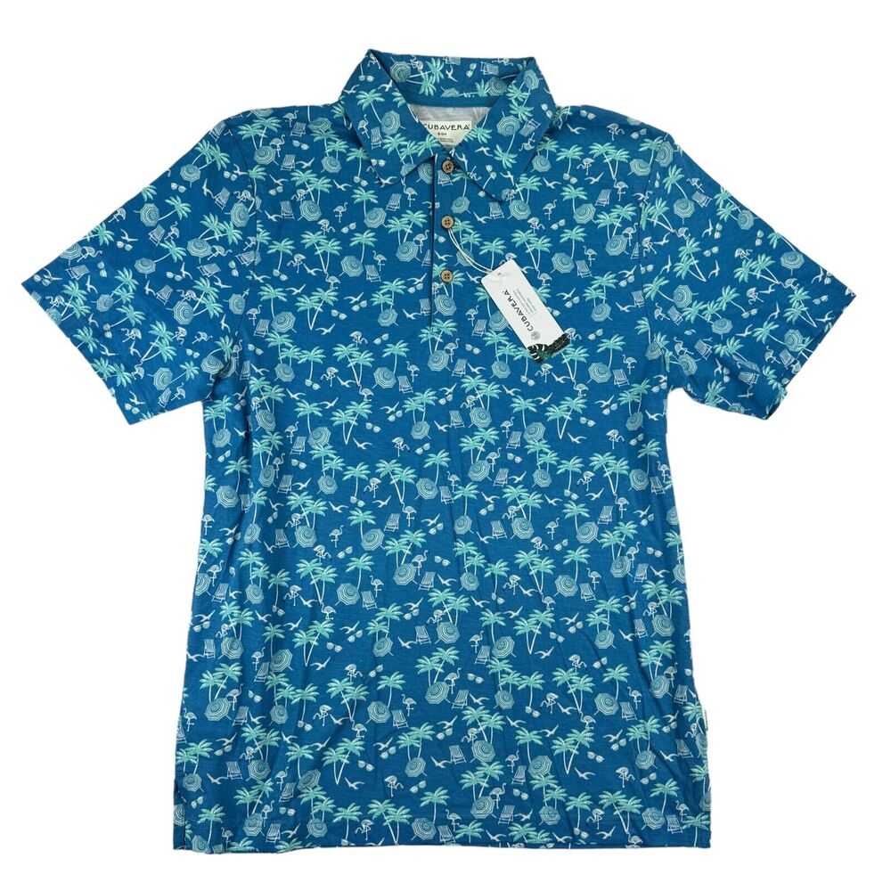 Cubavera Mens Tropical Vacation Print Short Sleeve Pima Cotton Polo Shirt Blue S